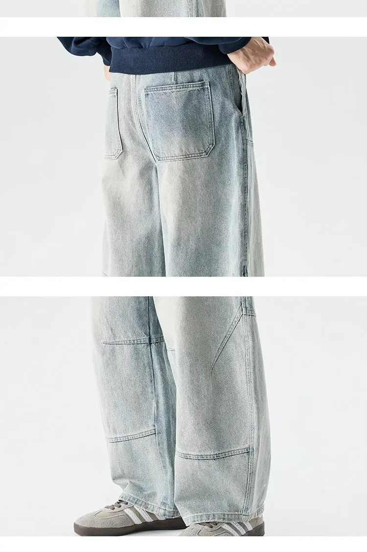 2026 Spring Men Denim Pants Men Vintage Elastic Waist Black Jeans Pants Male Harajuku Hip Hop Cotton Oversize Wide Leg Trousers