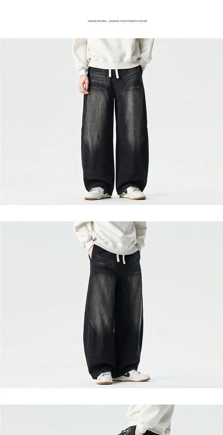 2026 Spring Men Denim Pants Men Vintage Elastic Waist Black Jeans Pants Male Harajuku Hip Hop Cotton Oversize Wide Leg Trousers