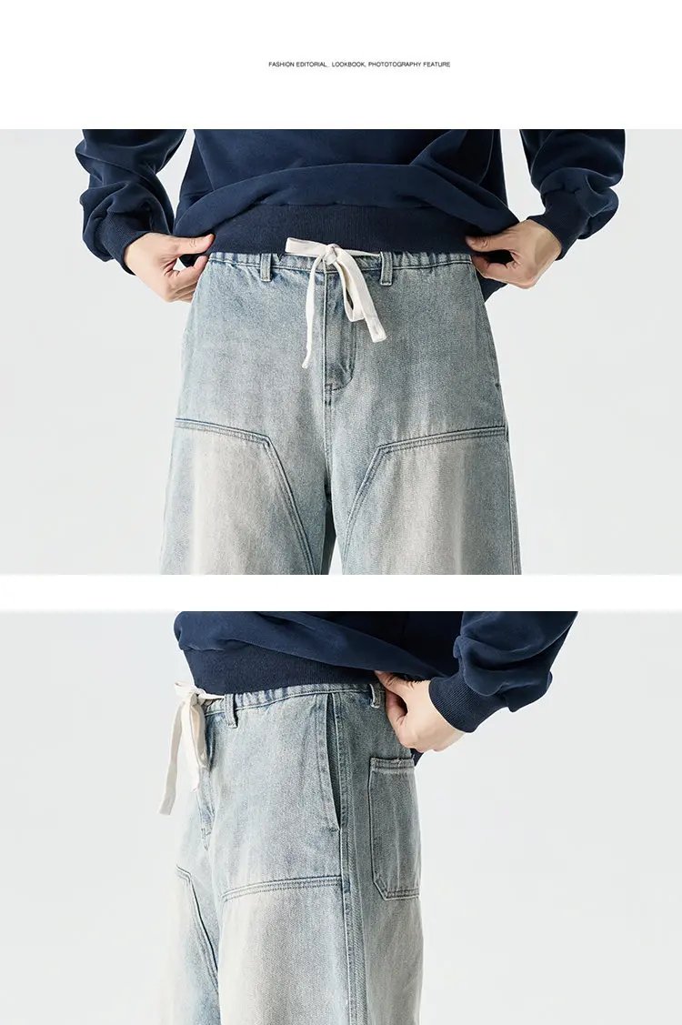 2026 Spring Men Denim Pants Men Vintage Elastic Waist Black Jeans Pants Male Harajuku Hip Hop Cotton Oversize Wide Leg Trousers