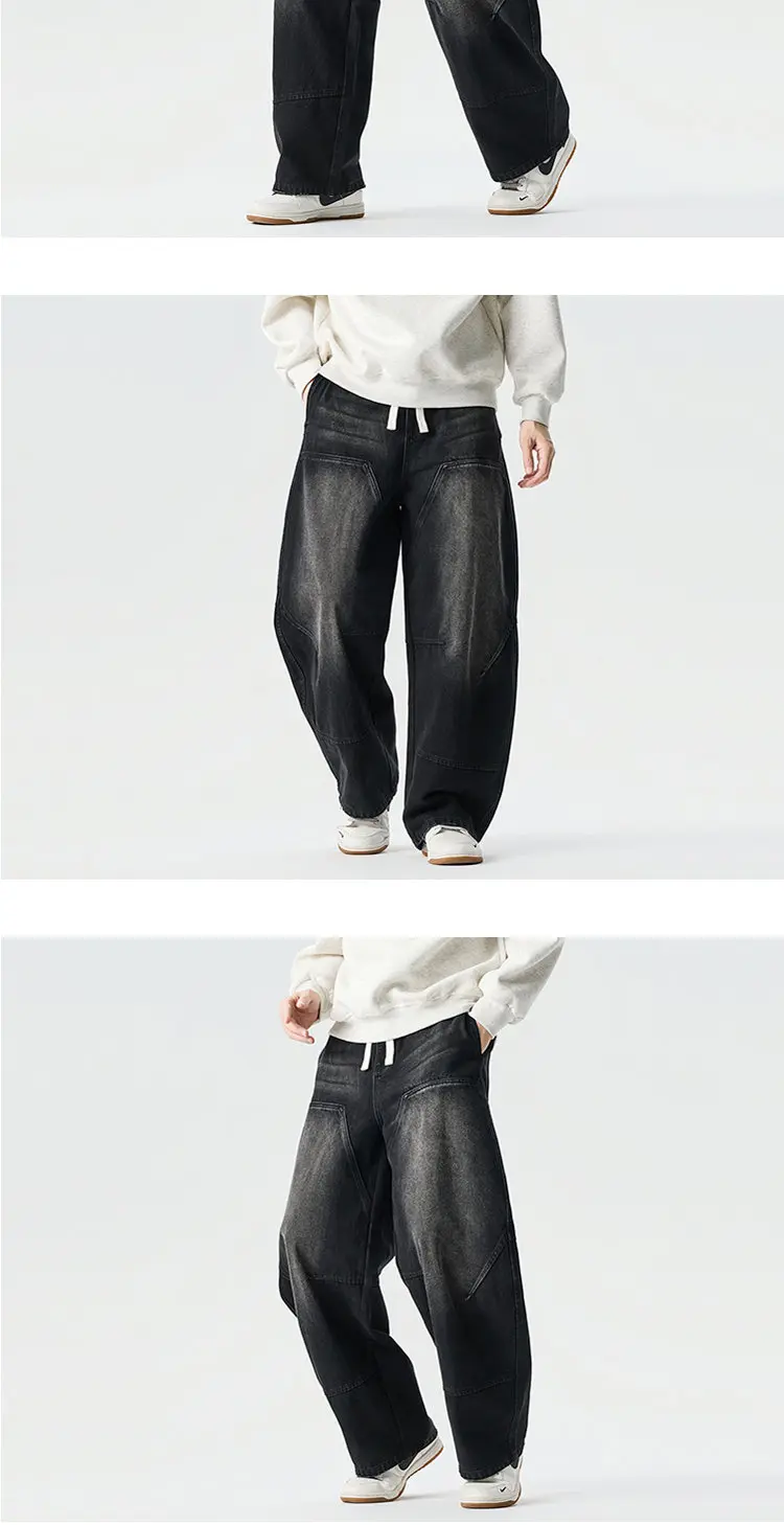 2026 Spring Men Denim Pants Men Vintage Elastic Waist Black Jeans Pants Male Harajuku Hip Hop Cotton Oversize Wide Leg Trousers