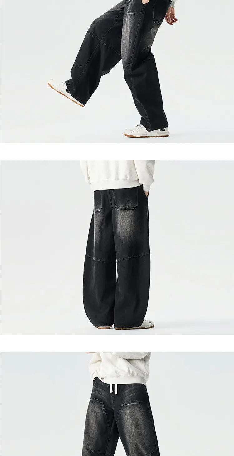 2026 Spring Men Denim Pants Men Vintage Elastic Waist Black Jeans Pants Male Harajuku Hip Hop Cotton Oversize Wide Leg Trousers