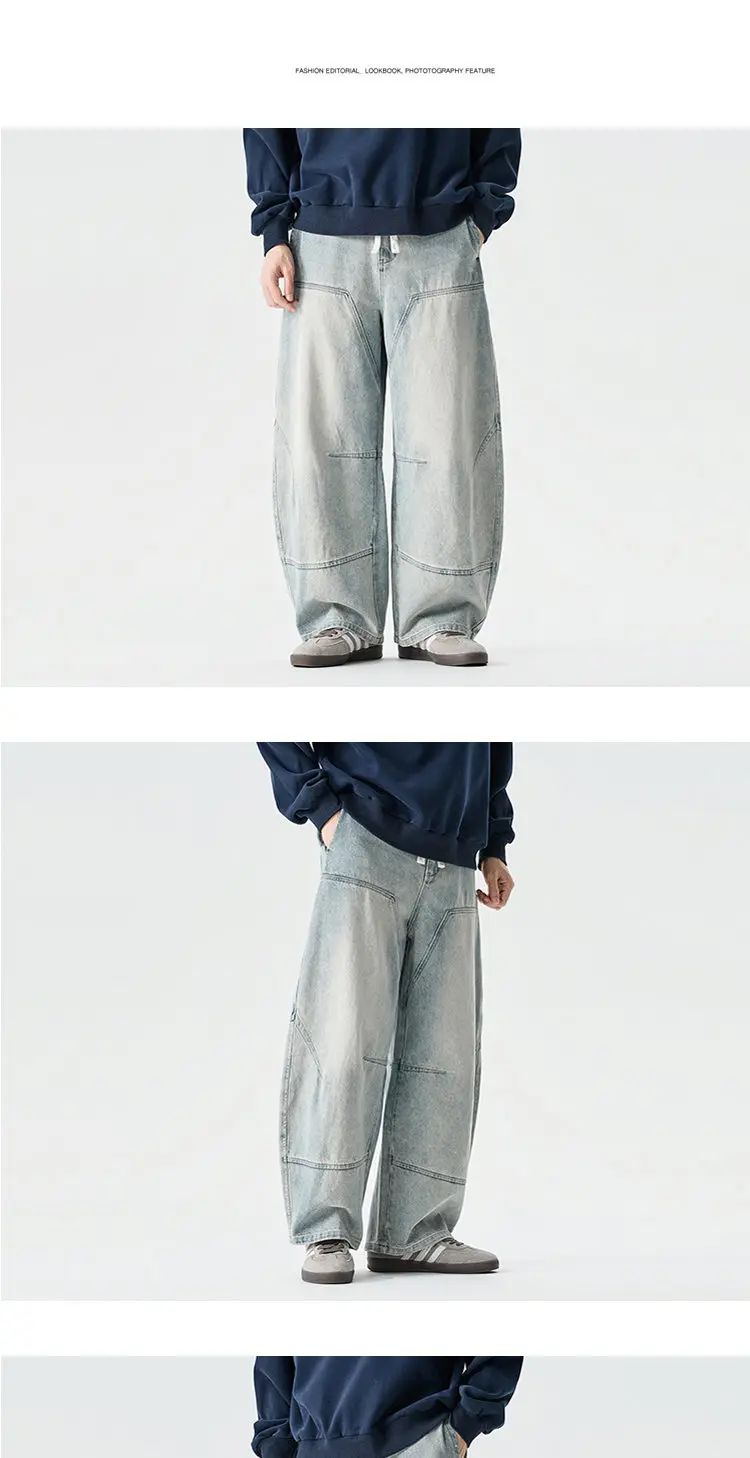 2026 Spring Men Denim Pants Men Vintage Elastic Waist Black Jeans Pants Male Harajuku Hip Hop Cotton Oversize Wide Leg Trousers