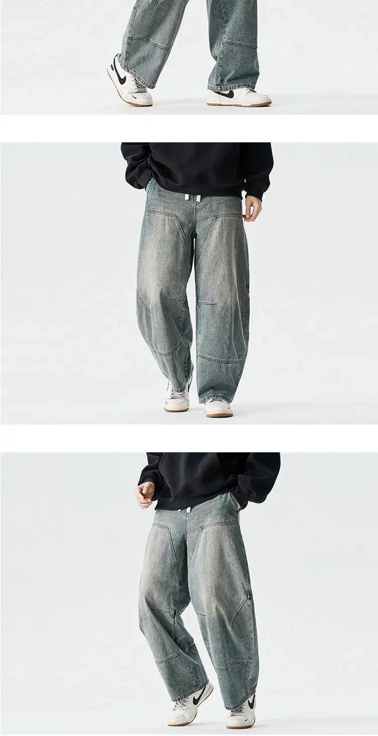 2026 Spring Men Denim Pants Men Vintage Elastic Waist Black Jeans Pants Male Harajuku Hip Hop Cotton Oversize Wide Leg Trousers