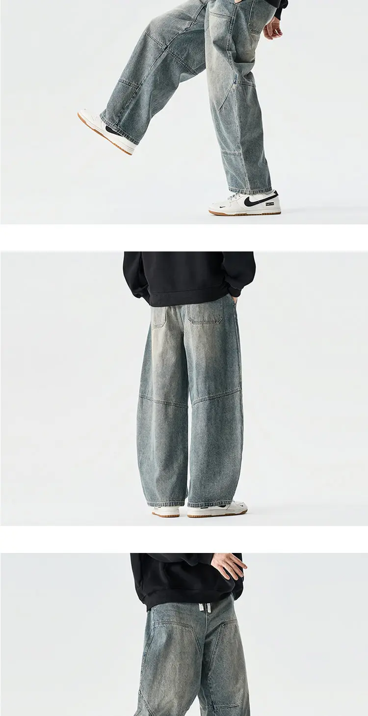 2026 Spring Men Denim Pants Men Vintage Elastic Waist Black Jeans Pants Male Harajuku Hip Hop Cotton Oversize Wide Leg Trousers