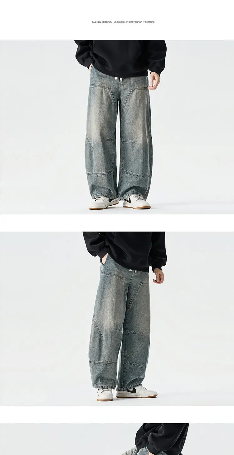 2026 Spring Men Denim Pants Men Vintage Elastic Waist Black Jeans Pants Male Harajuku Hip Hop Cotton Oversize Wide Leg Trousers