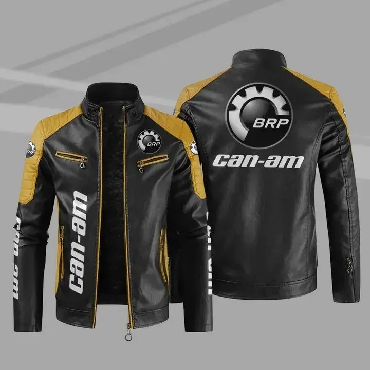 BRP Can-am Logo Men's Motorcycle PU Leather Jacket C4 Winter Casual Vintage Overcoat Biker Bomber Zipper Fleece Jackets Male