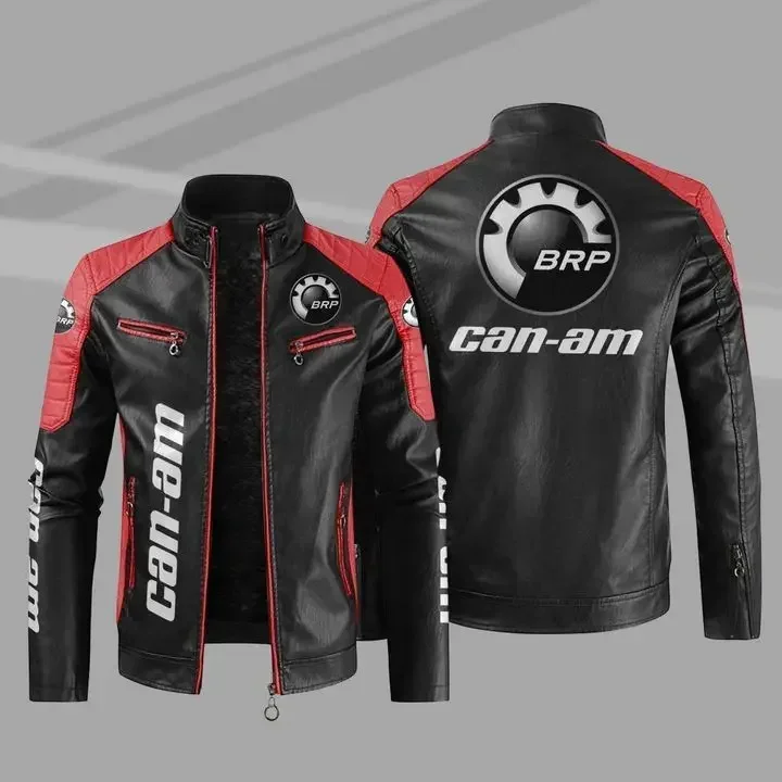 BRP Can-am Logo Men's Motorcycle PU Leather Jacket C4 Winter Casual Vintage Overcoat Biker Bomber Zipper Fleece Jackets Male