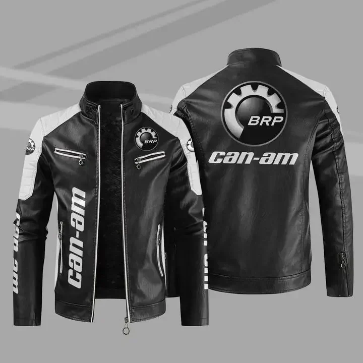 BRP Can-am Logo Men's Motorcycle PU Leather Jacket C4 Winter Casual Vintage Overcoat Biker Bomber Zipper Fleece Jackets Male