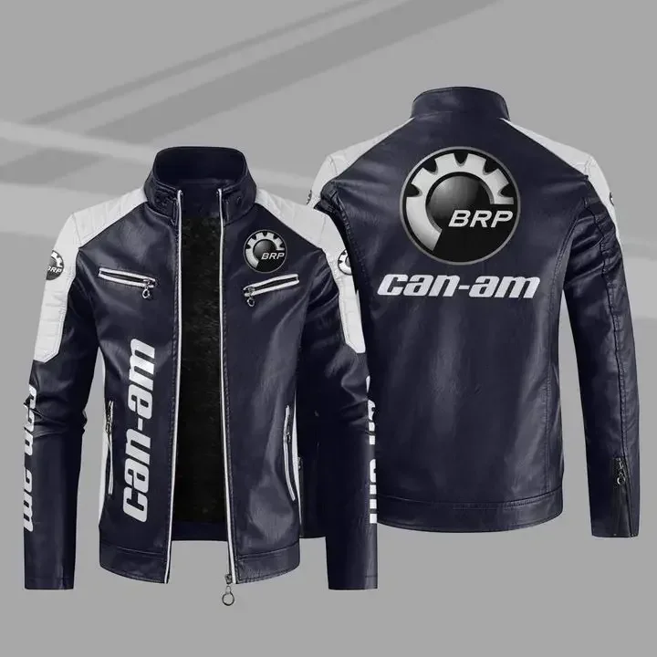 BRP Can-am Logo Men's Motorcycle PU Leather Jacket C4 Winter Casual Vintage Overcoat Biker Bomber Zipper Fleece Jackets Male