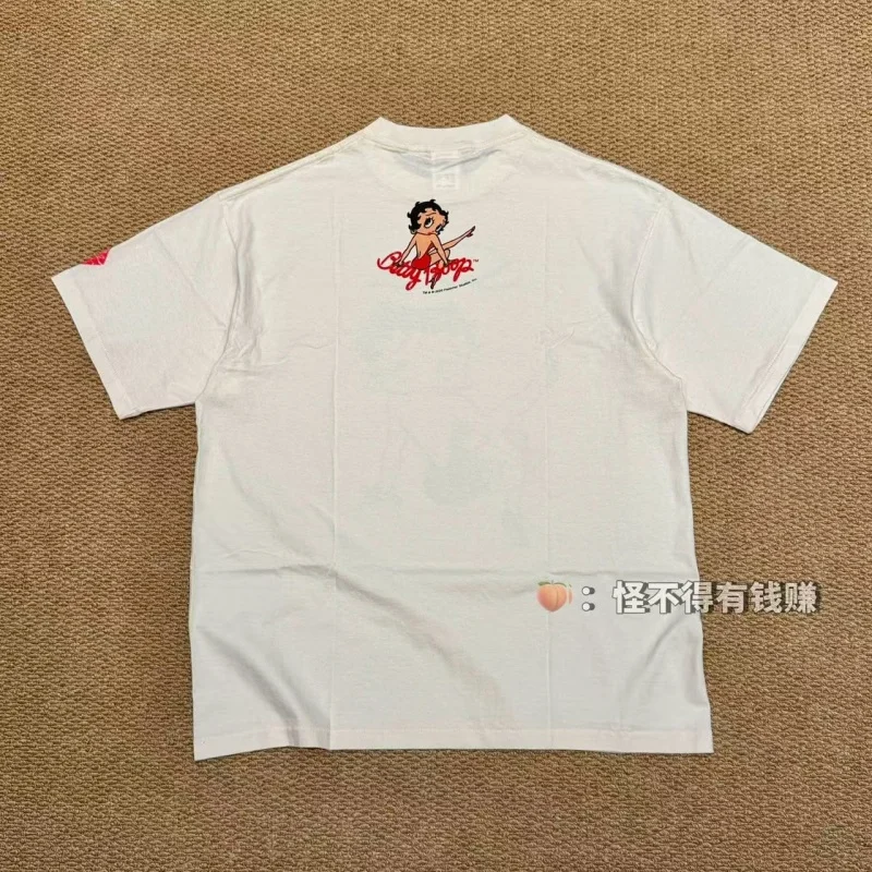 Authentic SAINT Women's Cartoon Tee Off-White Crew Neck No Side Seams Fabric Washed Vintage Summer Casual T-Shirt