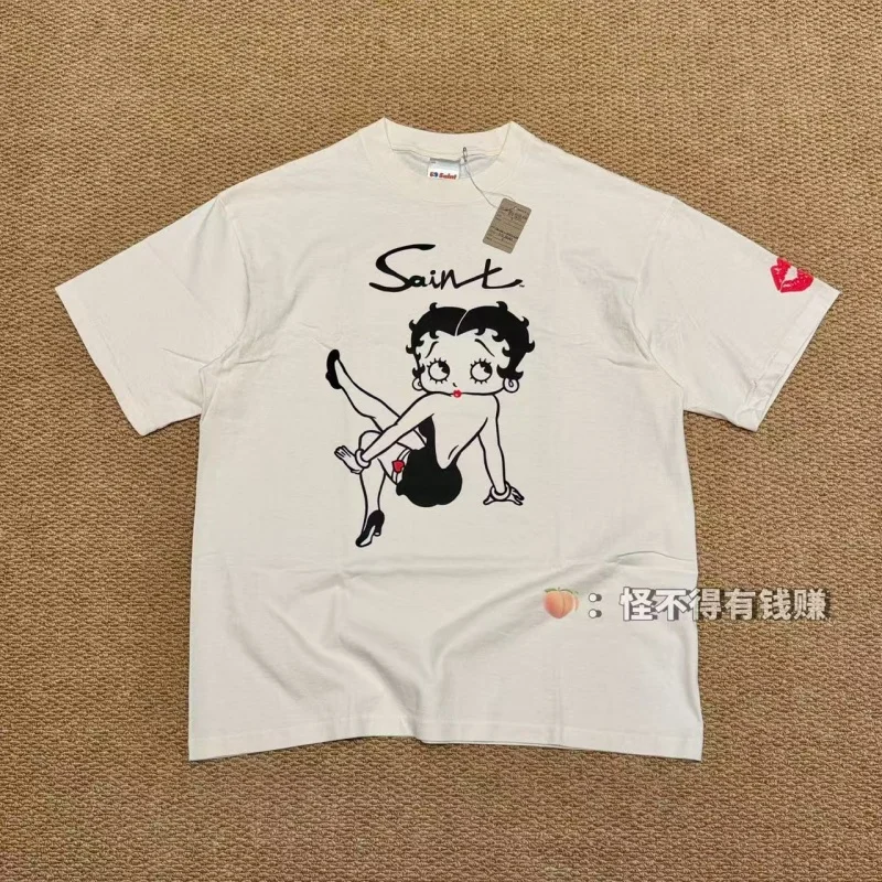 Authentic SAINT Women's Cartoon Tee Off-White Crew Neck No Side Seams Fabric Washed Vintage Summer Casual T-Shirt