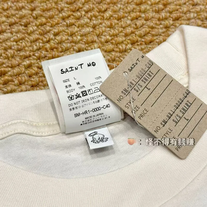 Authentic SAINT Women's Cartoon Tee Off-White Crew Neck No Side Seams Fabric Washed Vintage Summer Casual T-Shirt