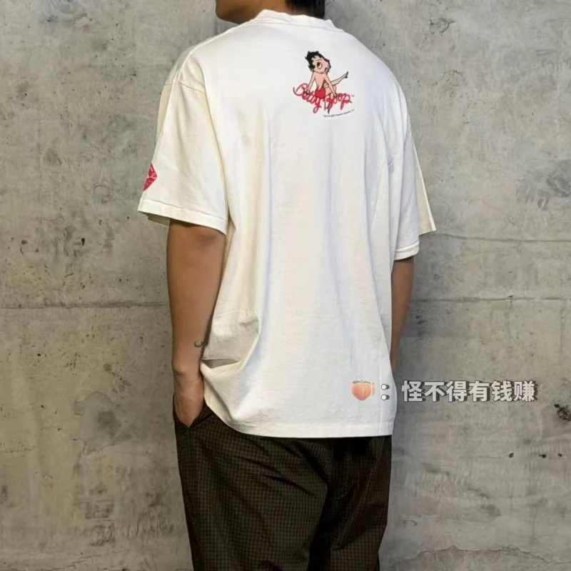 Authentic SAINT Women's Cartoon Tee Off-White Crew Neck No Side Seams Fabric Washed Vintage Summer Casual T-Shirt