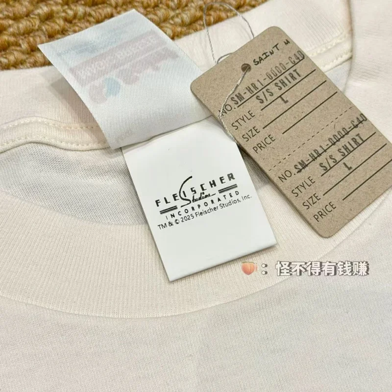 Authentic SAINT Women's Cartoon Tee Off-White Crew Neck No Side Seams Fabric Washed Vintage Summer Casual T-Shirt
