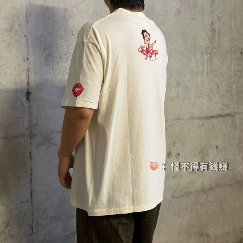 Authentic SAINT Women's Cartoon Tee Off-White Crew Neck No Side Seams Fabric Washed Vintage Summer Casual T-Shirt