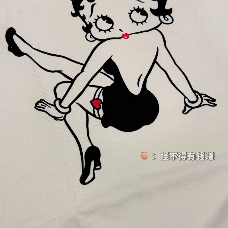 Authentic SAINT Women's Cartoon Tee Off-White Crew Neck No Side Seams Fabric Washed Vintage Summer Casual T-Shirt
