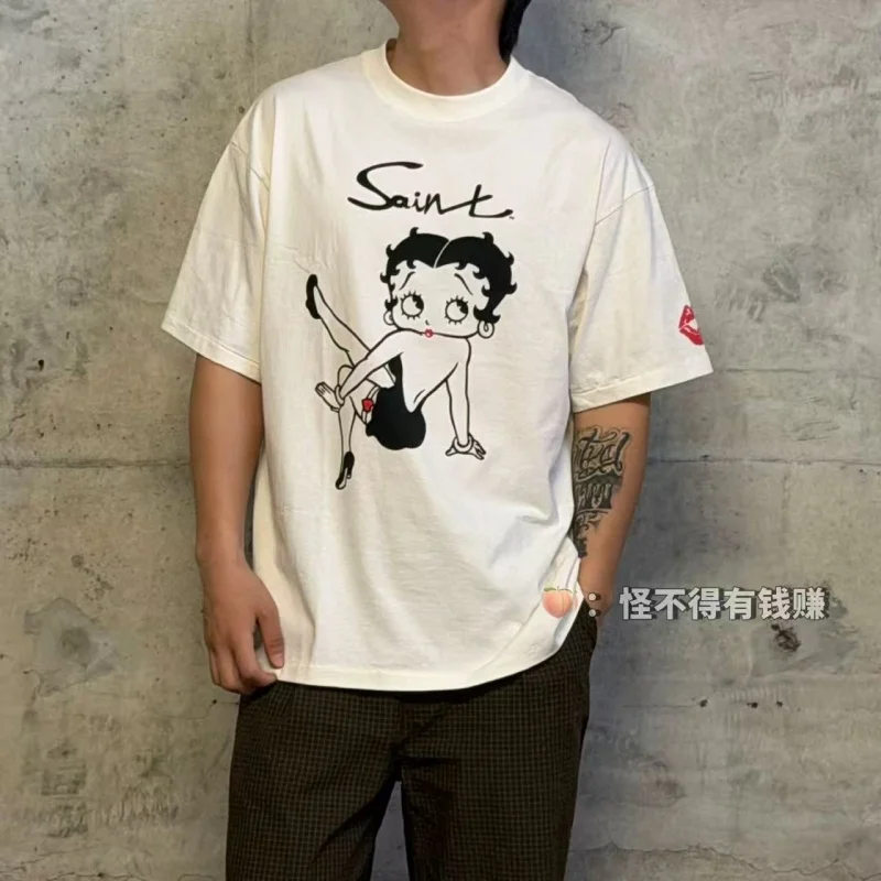Authentic SAINT Women's Cartoon Tee Off-White Crew Neck No Side Seams Fabric Washed Vintage Summer Casual T-Shirt