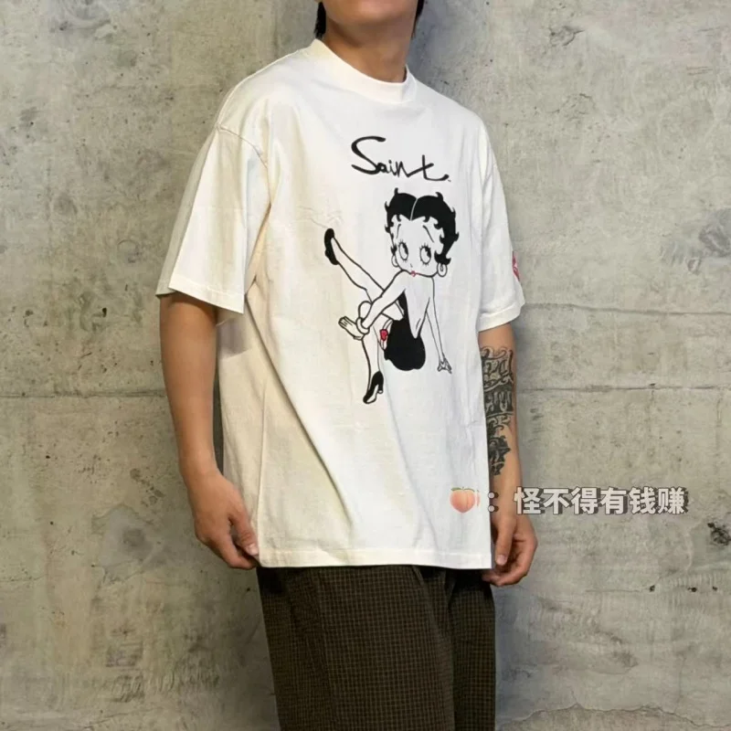Authentic SAINT Women's Cartoon Tee Off-White Crew Neck No Side Seams Fabric Washed Vintage Summer Casual T-Shirt