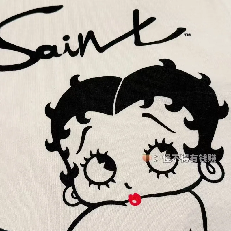 Authentic SAINT Women's Cartoon Tee Off-White Crew Neck No Side Seams Fabric Washed Vintage Summer Casual T-Shirt