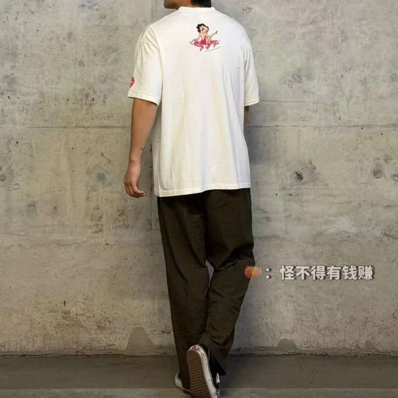 Authentic SAINT Women's Cartoon Tee Off-White Crew Neck No Side Seams Fabric Washed Vintage Summer Casual T-Shirt