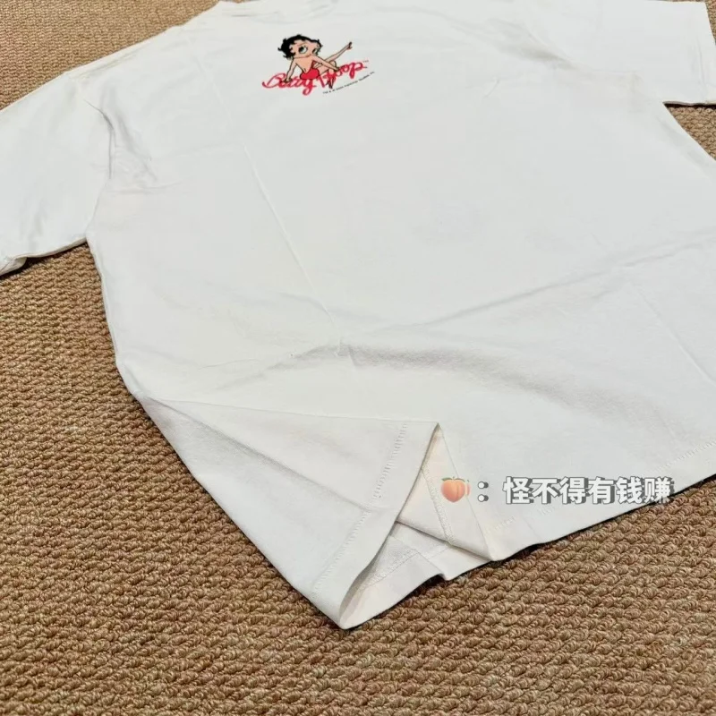 Authentic SAINT Women's Cartoon Tee Off-White Crew Neck No Side Seams Fabric Washed Vintage Summer Casual T-Shirt