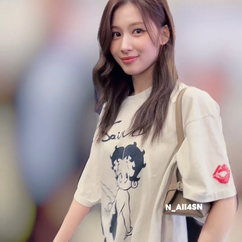 Authentic SAINT Women's Cartoon Tee Off-White Crew Neck No Side Seams Fabric Washed Vintage Summer Casual T-Shirt
