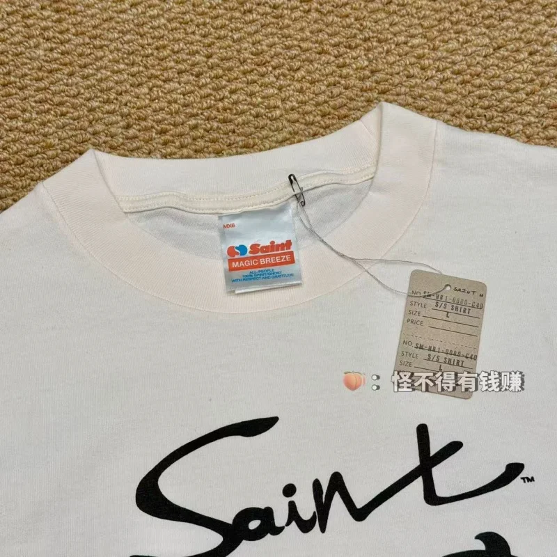 Authentic SAINT Women's Cartoon Tee Off-White Crew Neck No Side Seams Fabric Washed Vintage Summer Casual T-Shirt