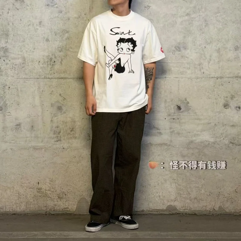Authentic SAINT Women's Cartoon Tee Off-White Crew Neck No Side Seams Fabric Washed Vintage Summer Casual T-Shirt
