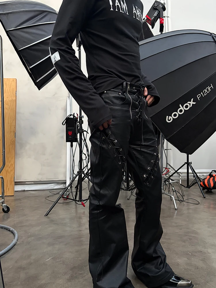 Mauroicardi Spring Autumn Cool Long Black Pu Leather Micro-Flare Pants Man High Waist Luxury Brands Original Streetwear Clothes