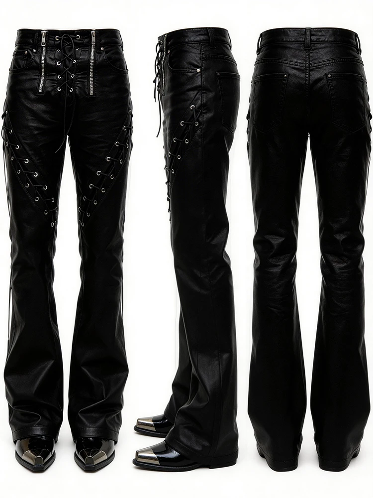 Mauroicardi Spring Autumn Cool Long Black Pu Leather Micro-Flare Pants Man High Waist Luxury Brands Original Streetwear Clothes