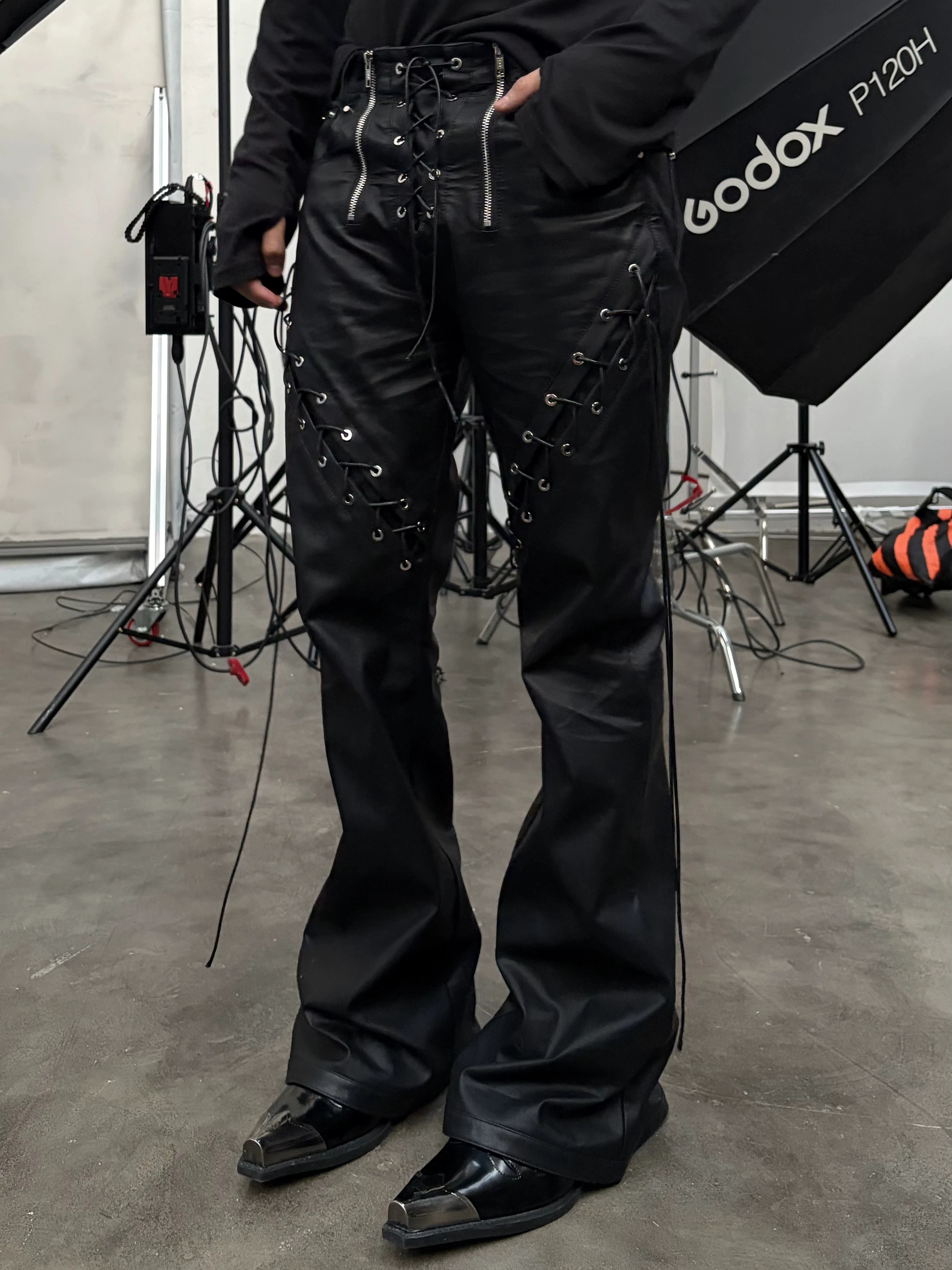 Mauroicardi Spring Autumn Cool Long Black Pu Leather Micro-Flare Pants Man High Waist Luxury Brands Original Streetwear Clothes