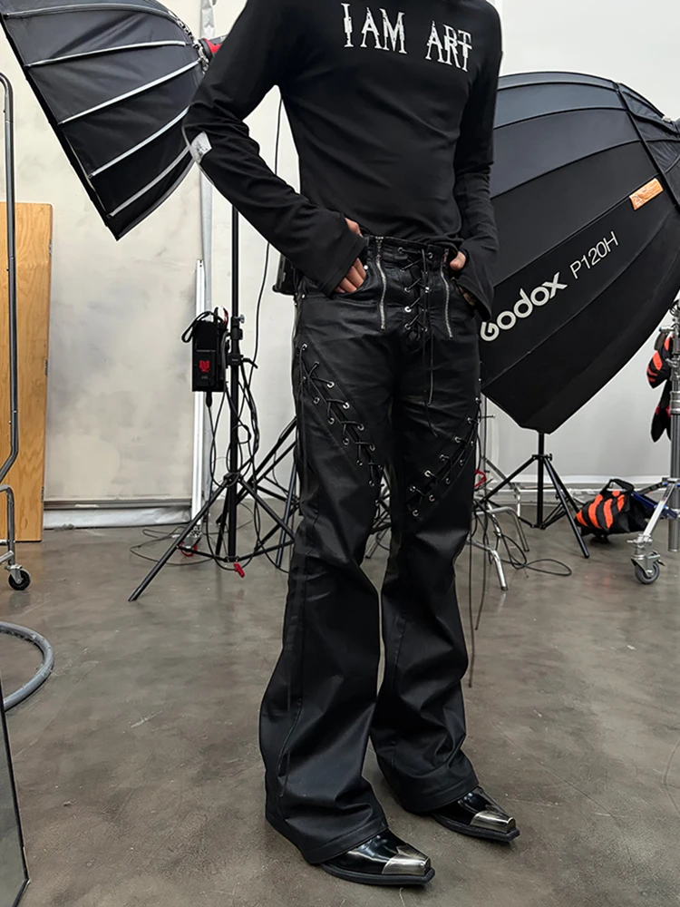 Mauroicardi Spring Autumn Cool Long Black Pu Leather Micro-Flare Pants Man High Waist Luxury Brands Original Streetwear Clothes
