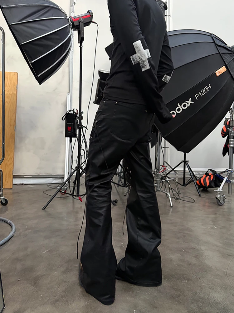 Mauroicardi Spring Autumn Cool Long Black Pu Leather Micro-Flare Pants Man High Waist Luxury Brands Original Streetwear Clothes