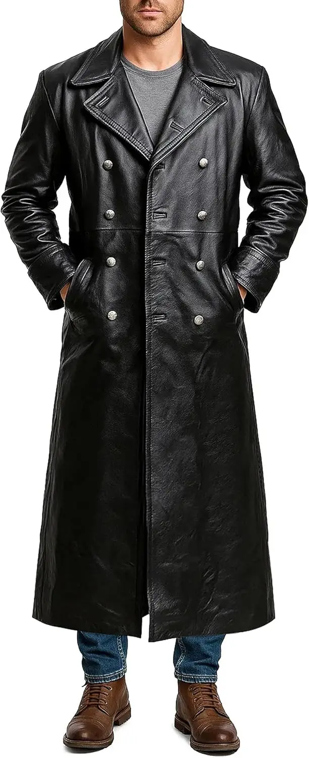 Men's Black Leather Long Trench Coat Marine Imperial Navy U-Boat Submarine Captain Brown Leather Jacket