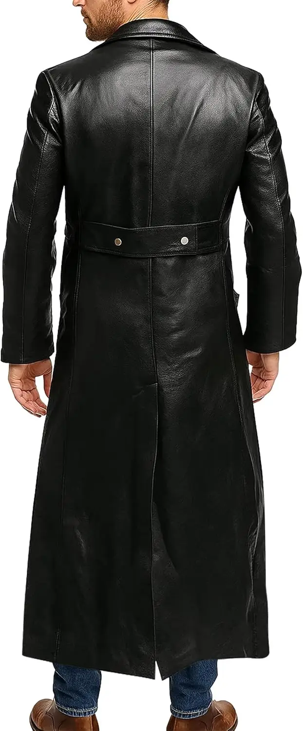 Men's Black Leather Long Trench Coat Marine Imperial Navy U-Boat Submarine Captain Brown Leather Jacket