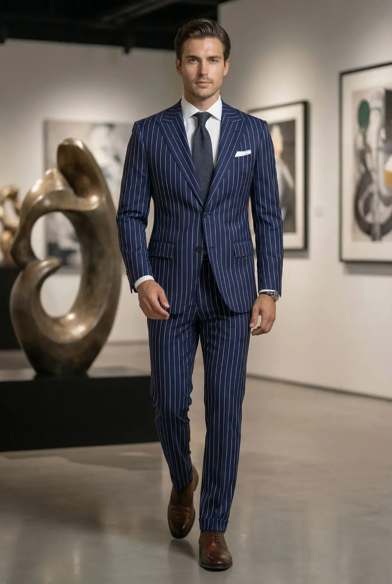 Navy Blue Pinstripe Men's Suits Fashion Peaked Lapel Two Buttons Groom Wedding Business Prom Party Male Suit (Jacket+Pants)