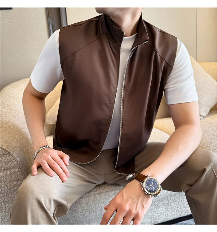 Sustainable Tencel Sleeveless Vest for Men - Summer Breathable Ice Silk Feel Lightweight Stand Collar Zip Front Top