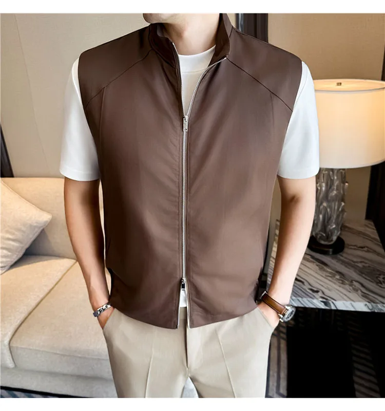Sustainable Tencel Sleeveless Vest for Men - Summer Breathable Ice Silk Feel Lightweight Stand Collar Zip Front Top