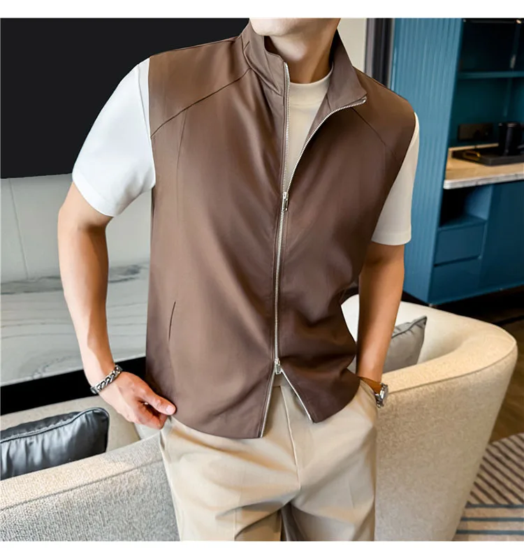Sustainable Tencel Sleeveless Vest for Men - Summer Breathable Ice Silk Feel Lightweight Stand Collar Zip Front Top