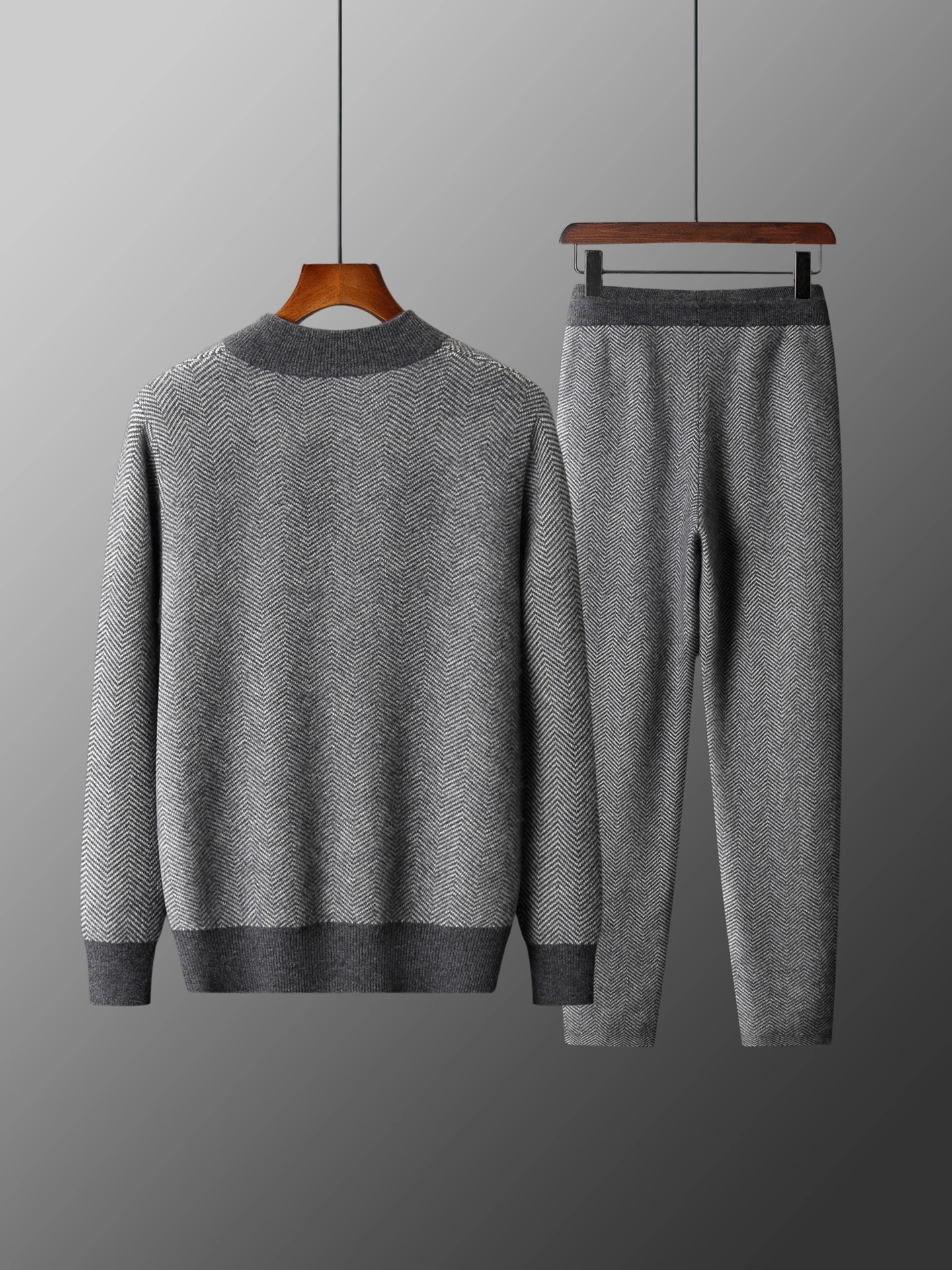 Man 100% Merino Wool Sweater Cardigan Knitted Pants Pencil Trousers Herringbone Color Block Suit Autumn Winter Thick Men's Set