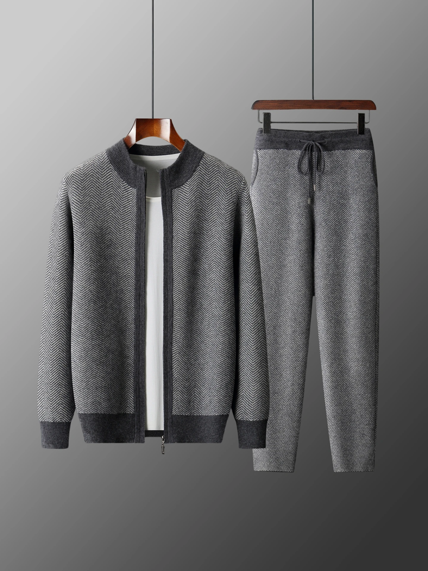 Man 100% Merino Wool Sweater Cardigan Knitted Pants Pencil Trousers Herringbone Color Block Suit Autumn Winter Thick Men's Set