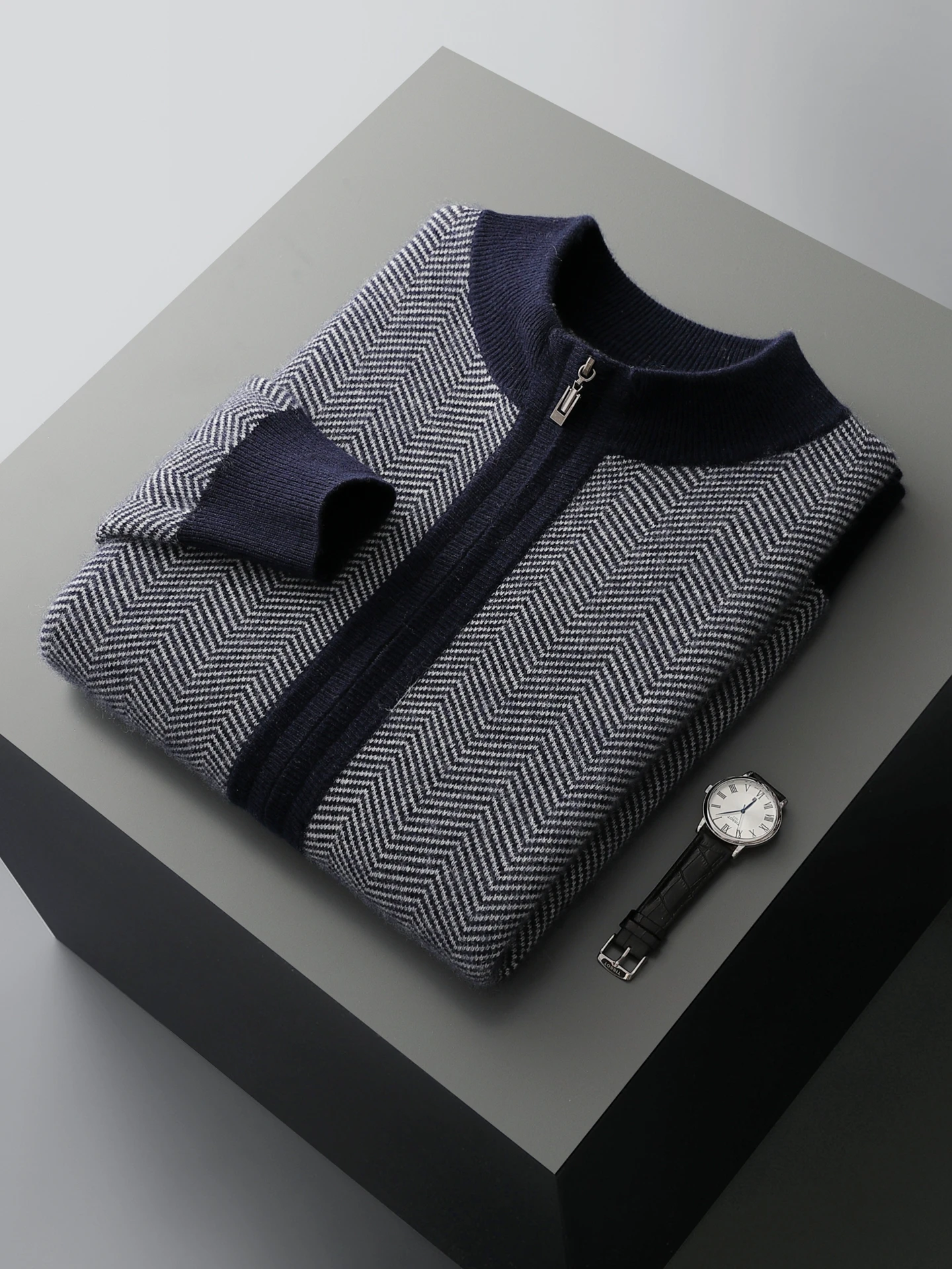 Man 100% Merino Wool Sweater Cardigan Knitted Pants Pencil Trousers Herringbone Color Block Suit Autumn Winter Thick Men's Set