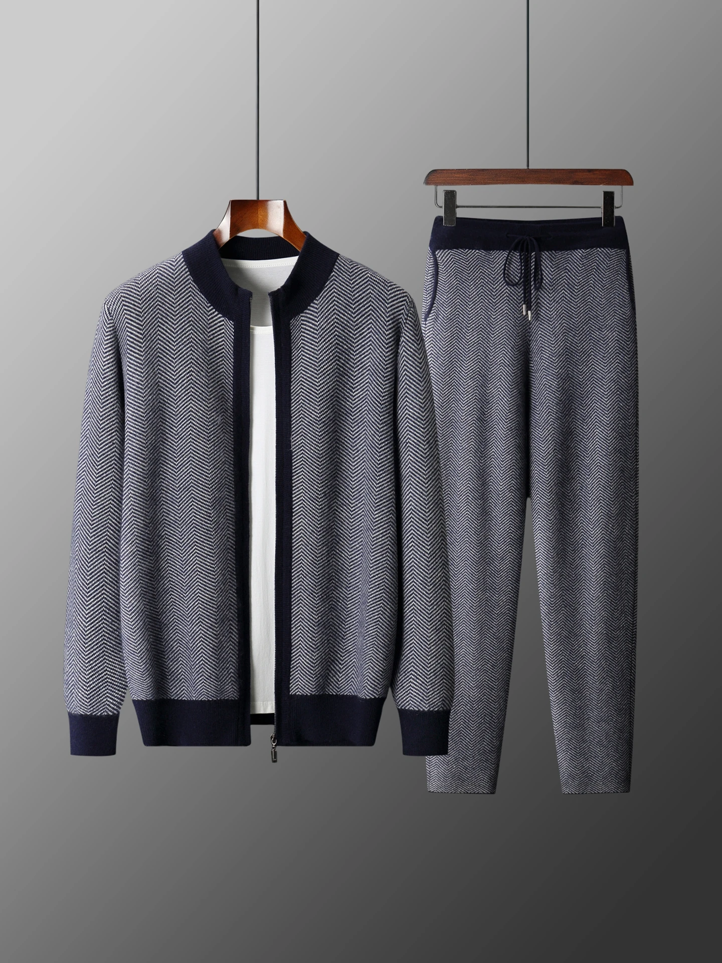 Man 100% Merino Wool Sweater Cardigan Knitted Pants Pencil Trousers Herringbone Color Block Suit Autumn Winter Thick Men's Set
