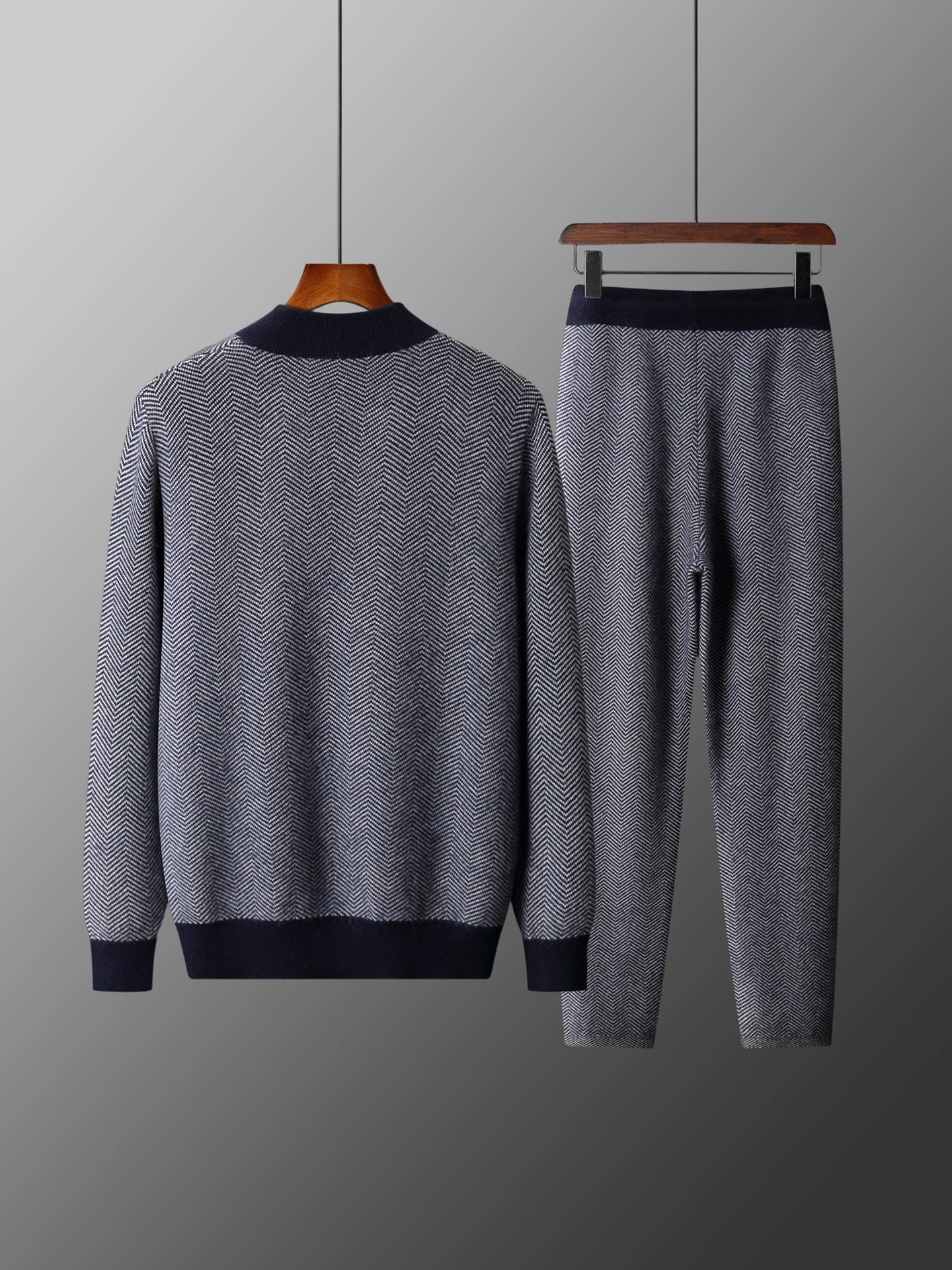 Man 100% Merino Wool Sweater Cardigan Knitted Pants Pencil Trousers Herringbone Color Block Suit Autumn Winter Thick Men's Set