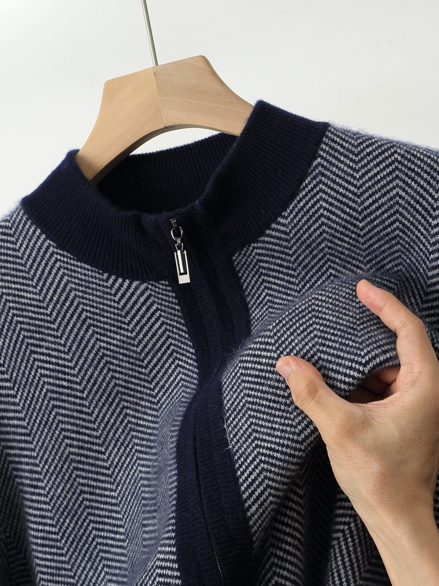 Man 100% Merino Wool Sweater Cardigan Knitted Pants Pencil Trousers Herringbone Color Block Suit Autumn Winter Thick Men's Set
