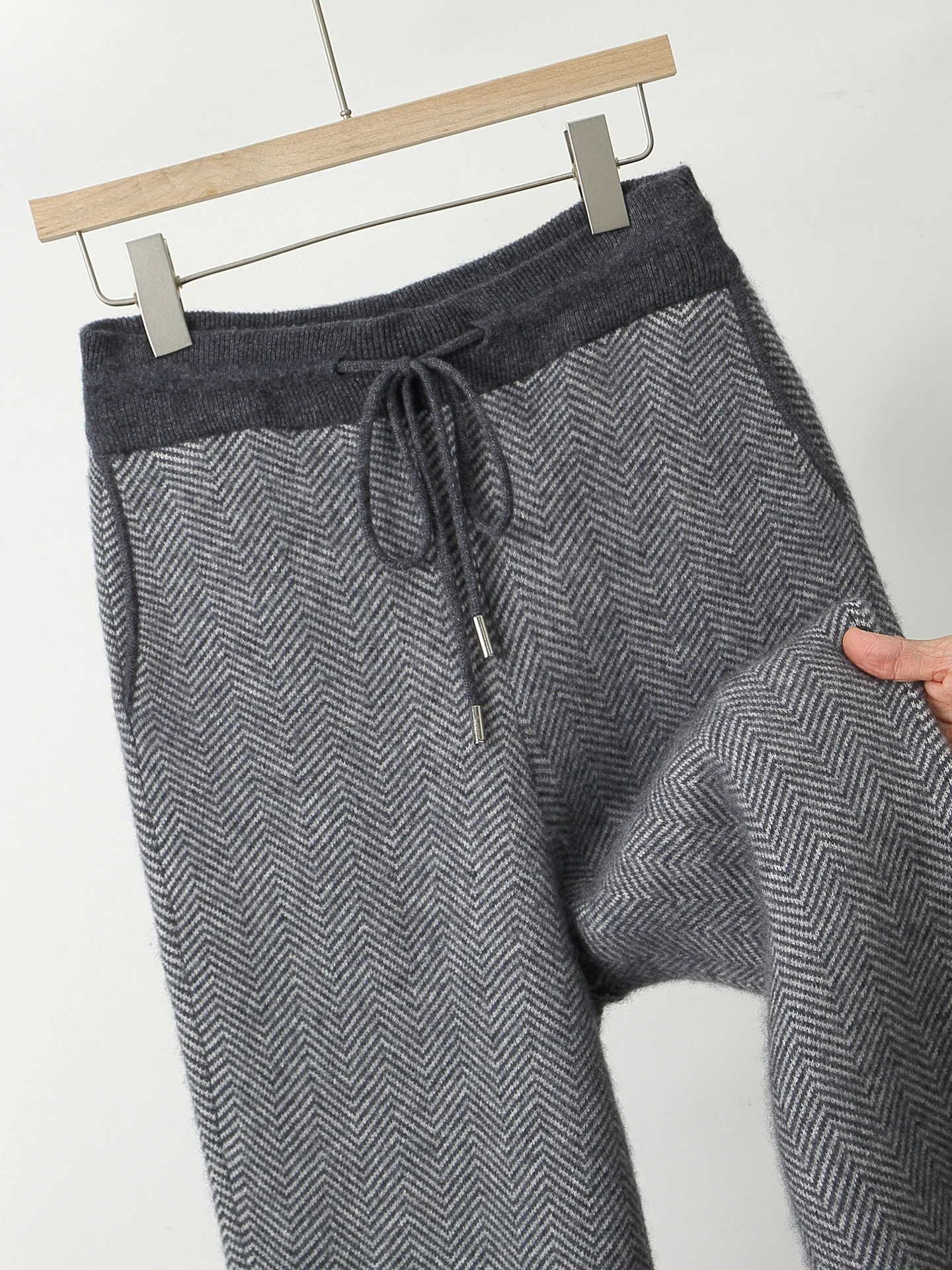 Man 100% Merino Wool Sweater Cardigan Knitted Pants Pencil Trousers Herringbone Color Block Suit Autumn Winter Thick Men's Set