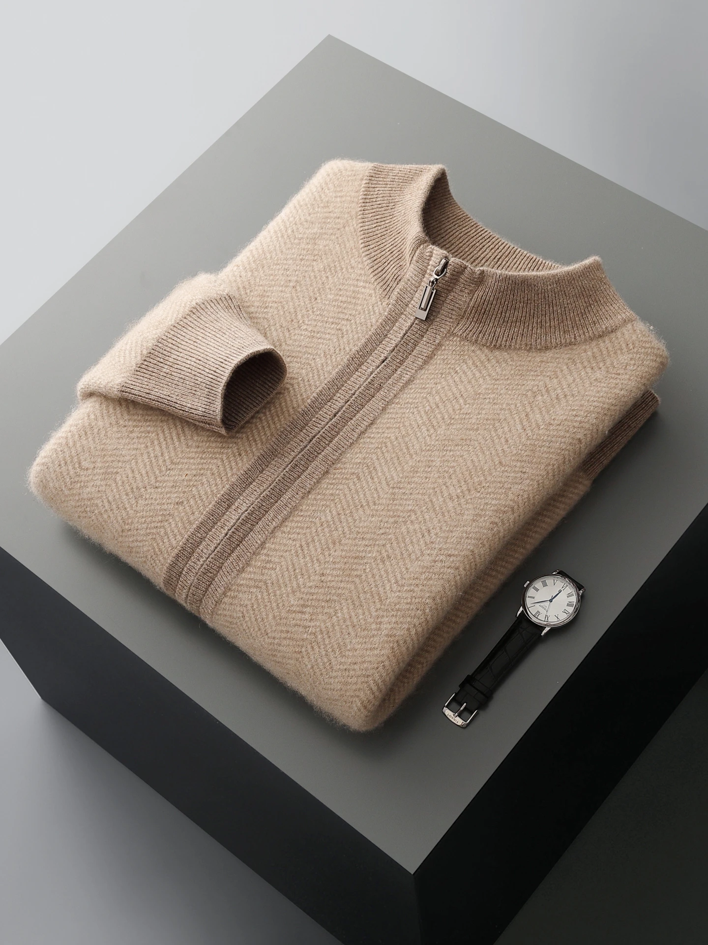 Man 100% Merino Wool Sweater Cardigan Knitted Pants Pencil Trousers Herringbone Color Block Suit Autumn Winter Thick Men's Set