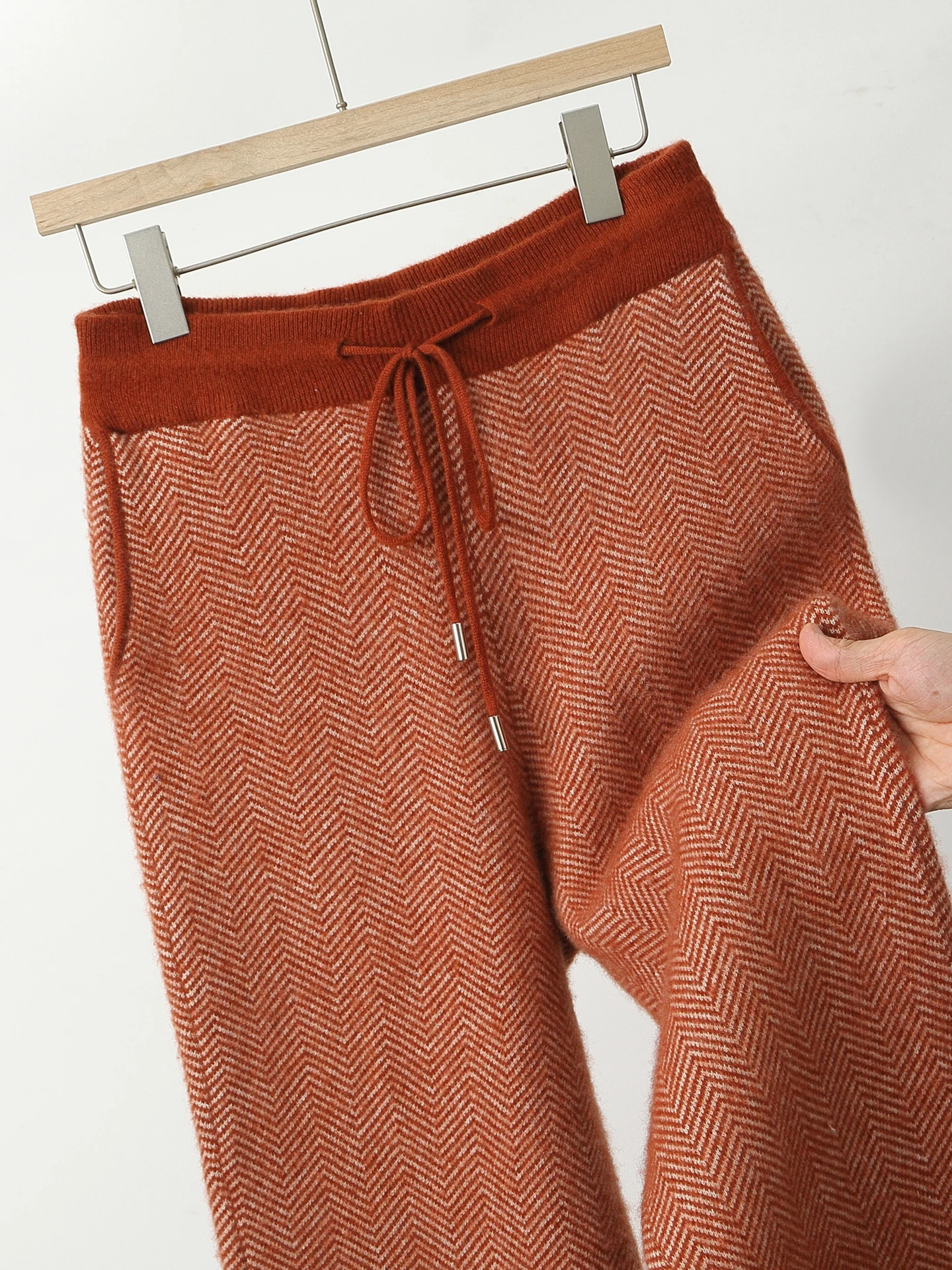 Man 100% Merino Wool Sweater Cardigan Knitted Pants Pencil Trousers Herringbone Color Block Suit Autumn Winter Thick Men's Set