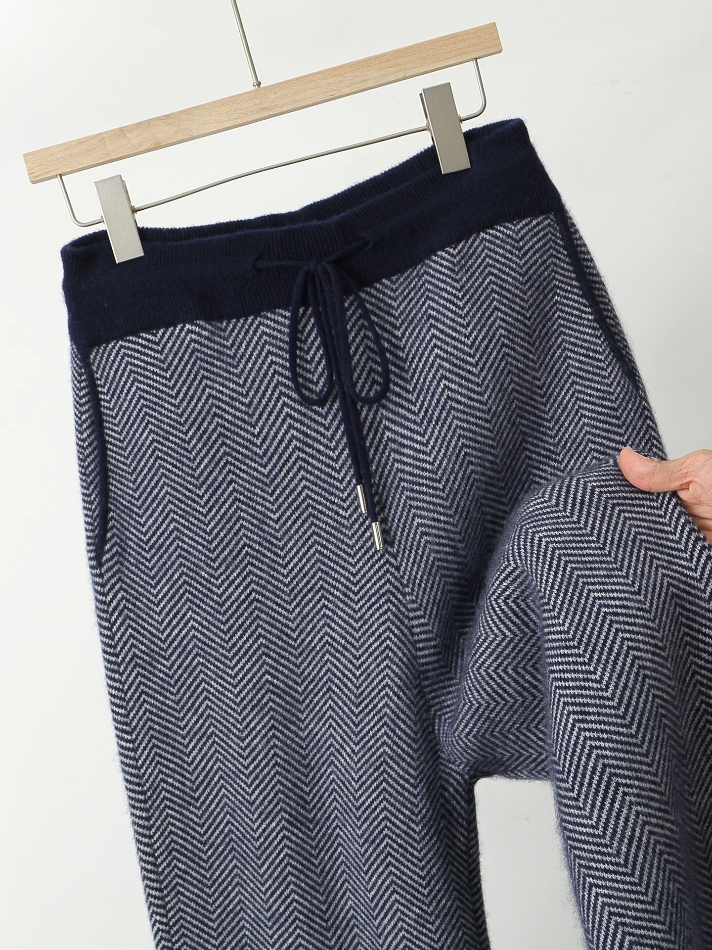 Man 100% Merino Wool Sweater Cardigan Knitted Pants Pencil Trousers Herringbone Color Block Suit Autumn Winter Thick Men's Set