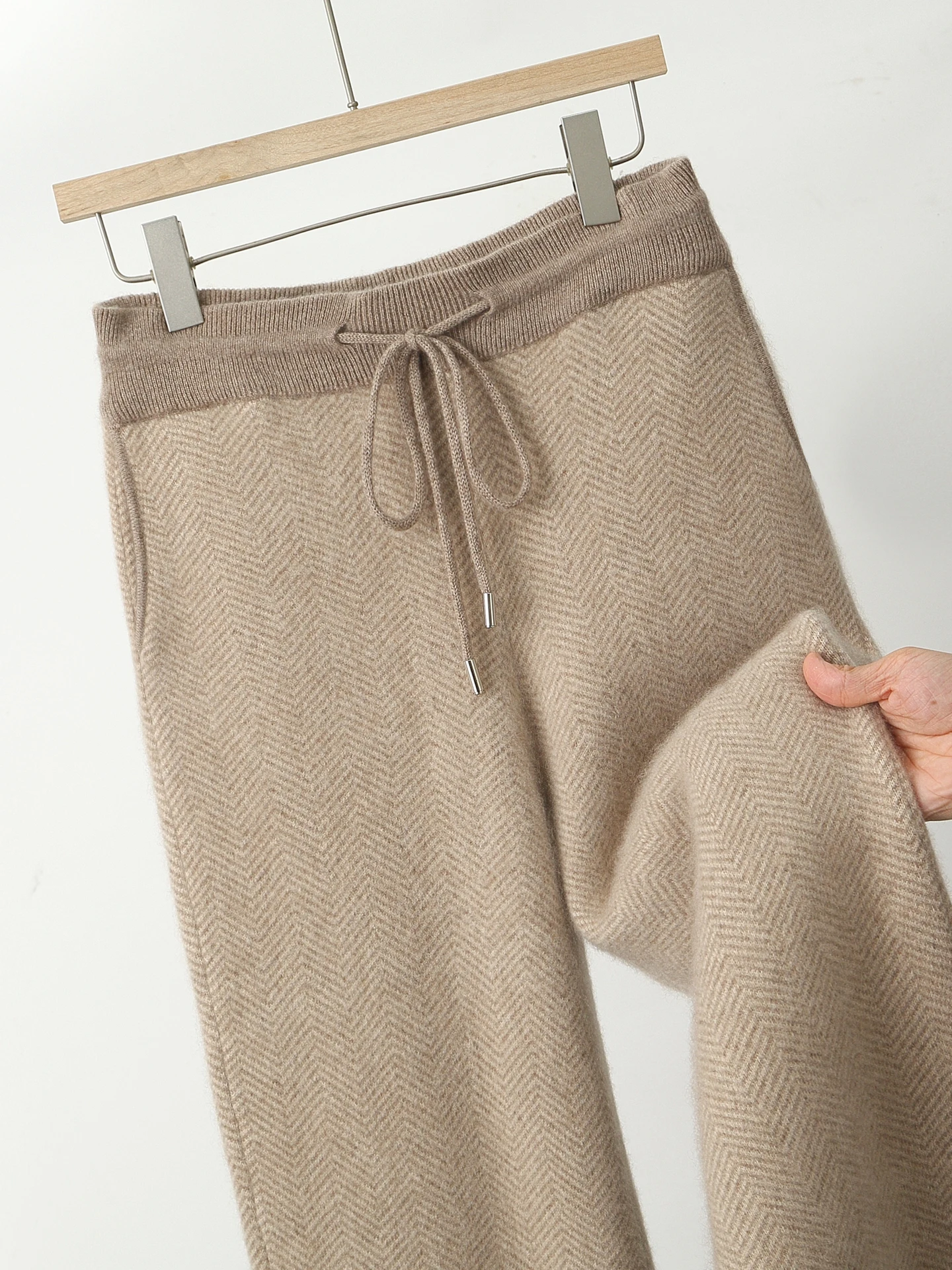 Man 100% Merino Wool Sweater Cardigan Knitted Pants Pencil Trousers Herringbone Color Block Suit Autumn Winter Thick Men's Set